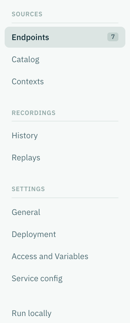 The simulation sidebar: Sources with Endpoints, Catalog and Contexts; Recordings with History and Replays; Settings with General, Deployment, Access and Variables and Service config