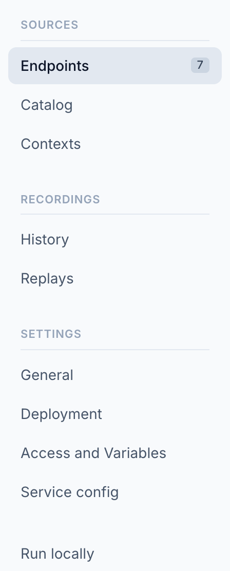 The simulation sidebar: Sources with Endpoints, Catalog and Contexts; Recordings with History and Replays; Settings with General, Deployment, Access and Variables and Service config