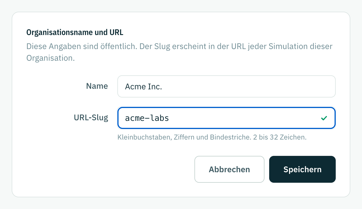Das Formular für Organisationsname und URL, mit einem neu eingetippten Slug, der als verfügbar markiert ist.