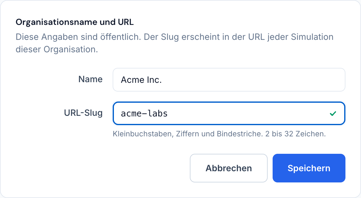 Das Formular für Organisationsname und URL, mit einem neu eingetippten Slug, der als verfügbar markiert ist.