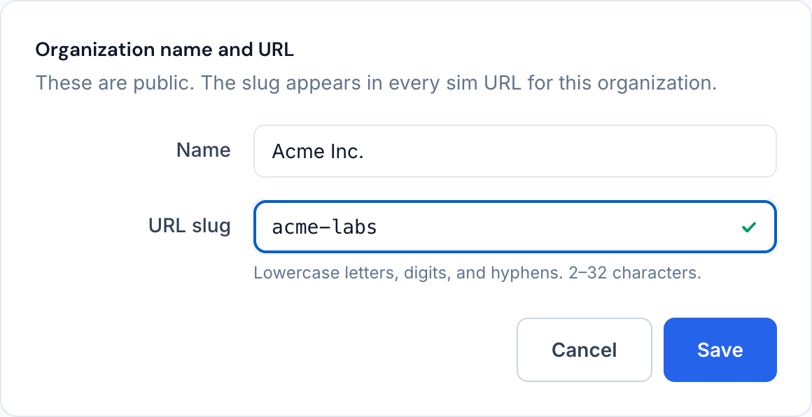 The organization name and URL form, with a new slug typed in and marked as available.