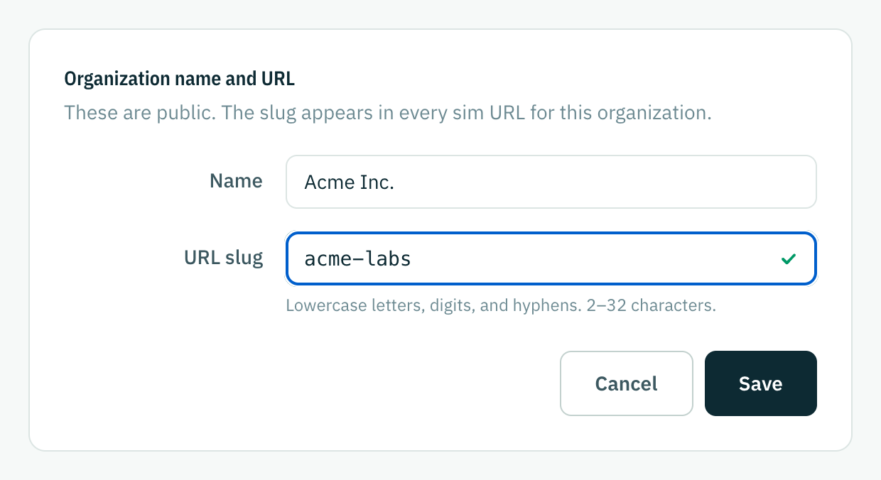 The organization name and URL form, with a new slug typed in and marked as available.