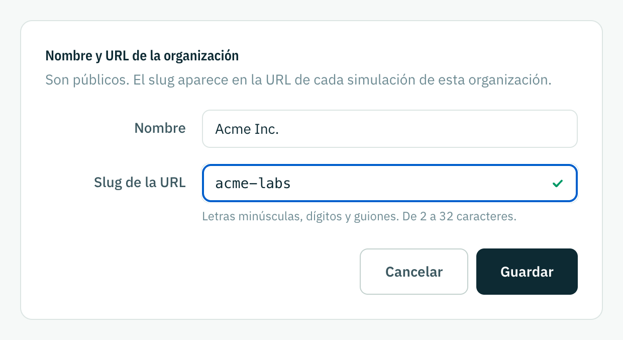 El formulario de nombre y URL de la organización, con un slug nuevo escrito y marcado como disponible.