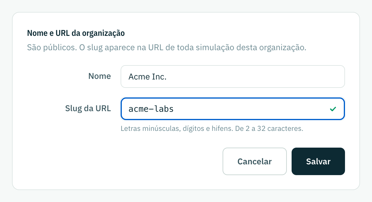 O formulário de nome e URL da organização, com um slug novo digitado e marcado como disponível.