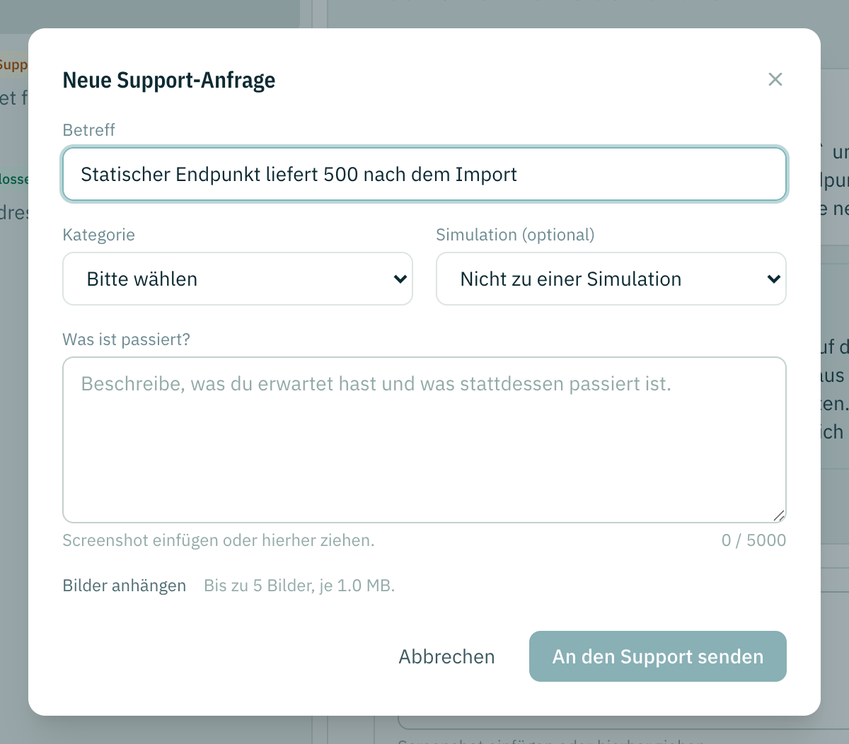 Das Formular für eine neue Anfrage mit ausgefülltem Betreff und den Feldern für Kategorie, optionale Simulation, Beschreibung und Bildanhänge