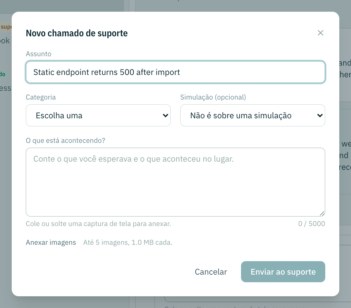 O formulário de chamado novo com um assunto preenchido, e os campos de categoria, uma simulação opcional, a descrição e as imagens para anexar