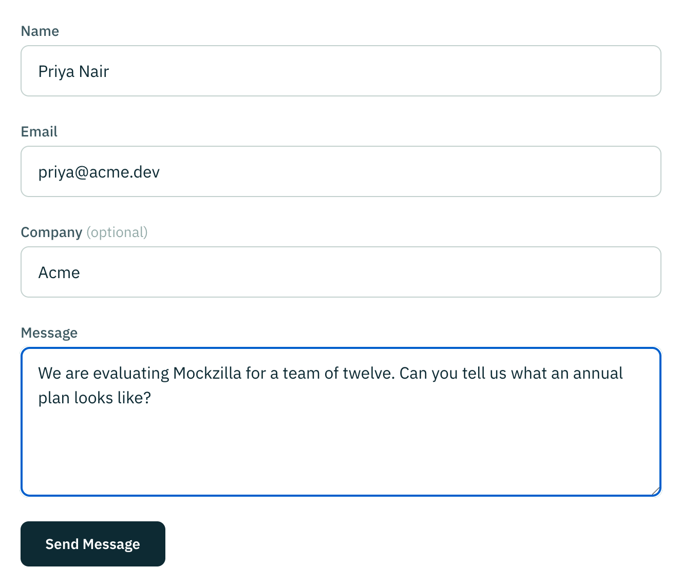 The contact form with name, email, an optional company field and a message, above the Send Message button