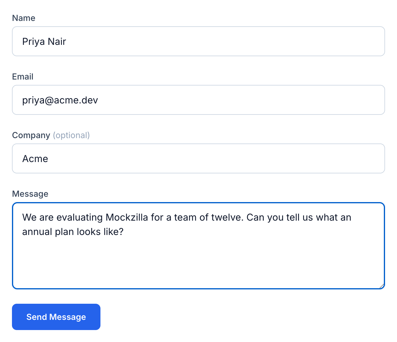 The contact form with name, email, an optional company field and a message, above the Send Message button