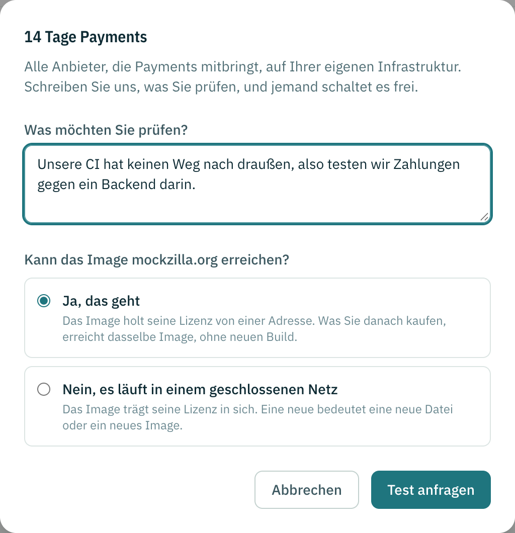 Der Testdialog für Zahlungen: was du prüfen möchtest und ob das Image mockzilla.org erreichen kann.
