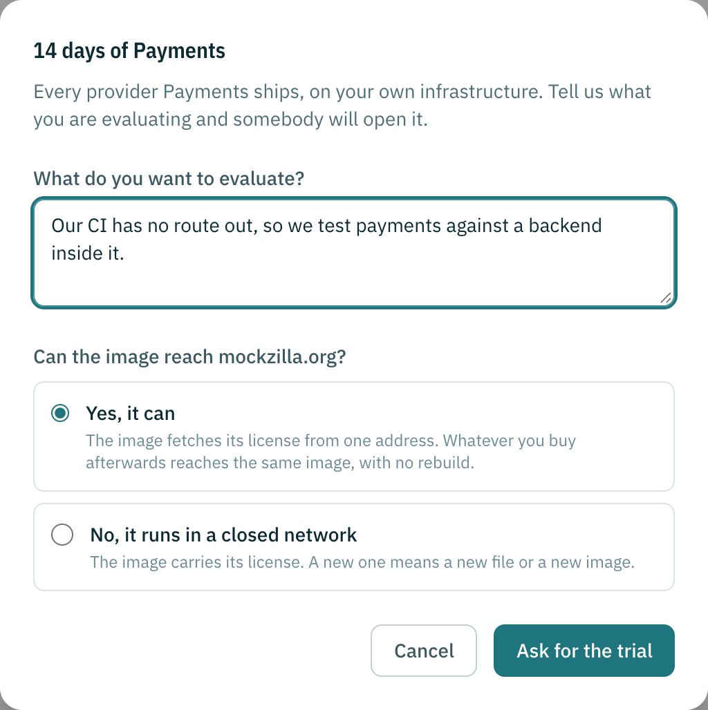 The trial dialog for Payments: what you want to evaluate, and whether the image can reach mockzilla.org.