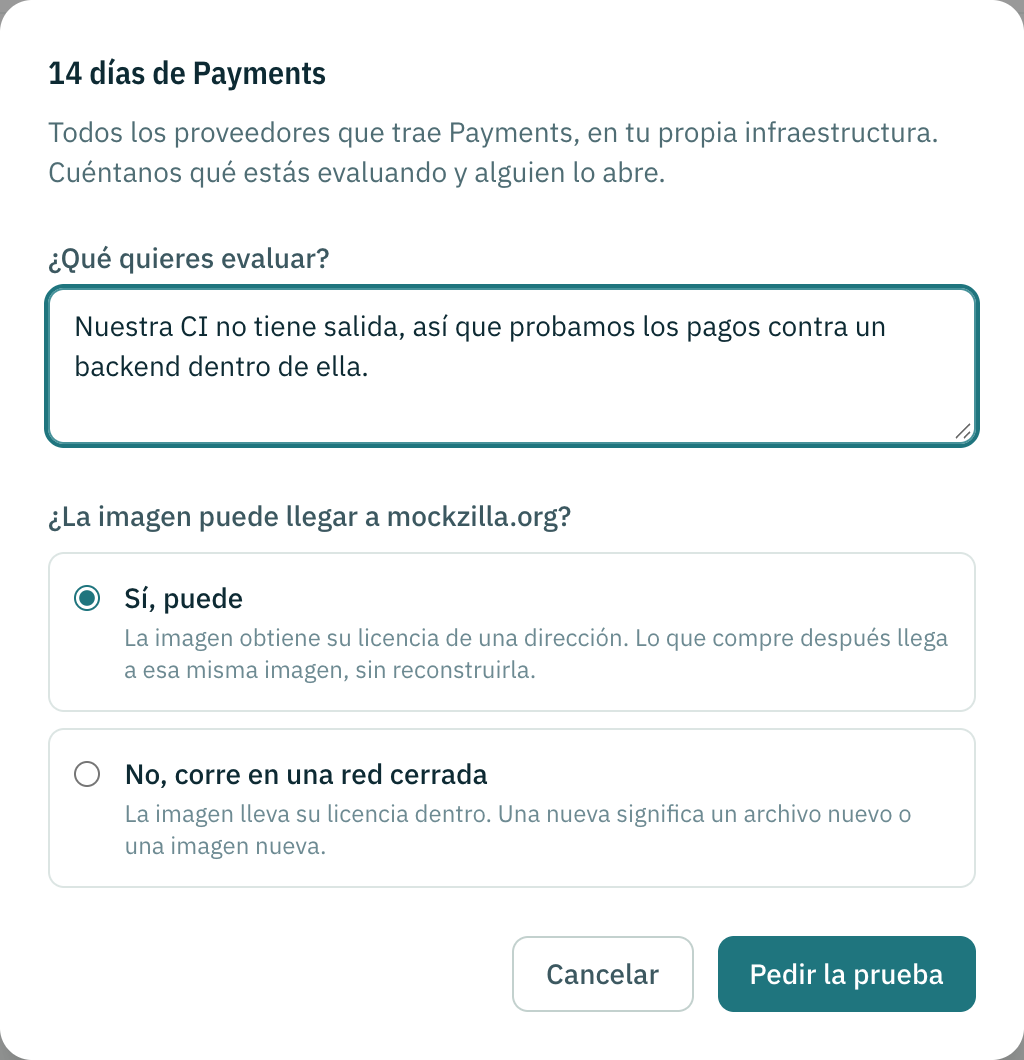 El diálogo de prueba de Pagos: qué quieres evaluar y si la imagen puede llegar a mockzilla.org.