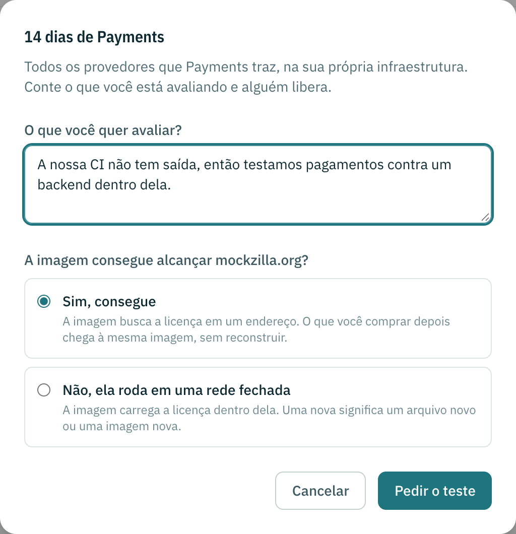 O diálogo de teste de Pagamentos: o que você quer avaliar e se a imagem consegue alcançar mockzilla.org.