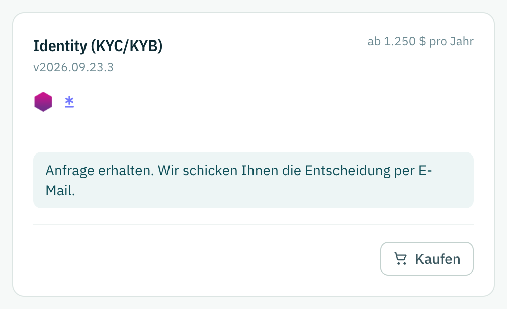 Die Karte Identität, sobald die Testanfrage eingegangen ist: Die Anfrage ist da, und die Entscheidung kommt per E-Mail.