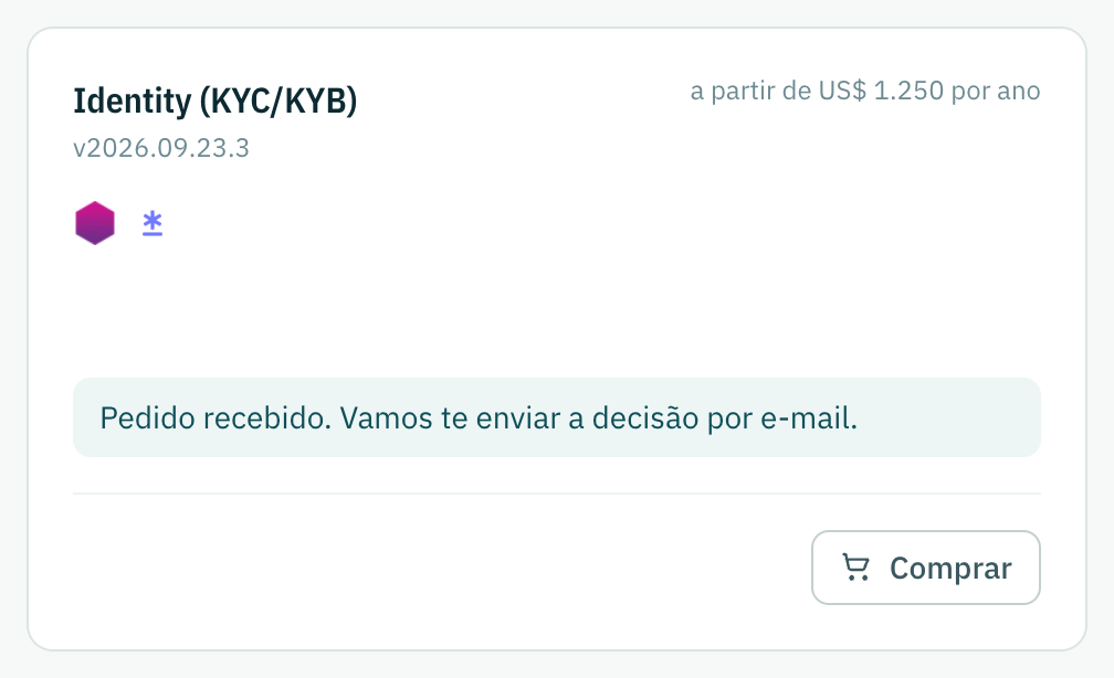 O card de Identidade com o pedido de teste enviado: o pedido foi recebido e a decisão chega por e-mail.