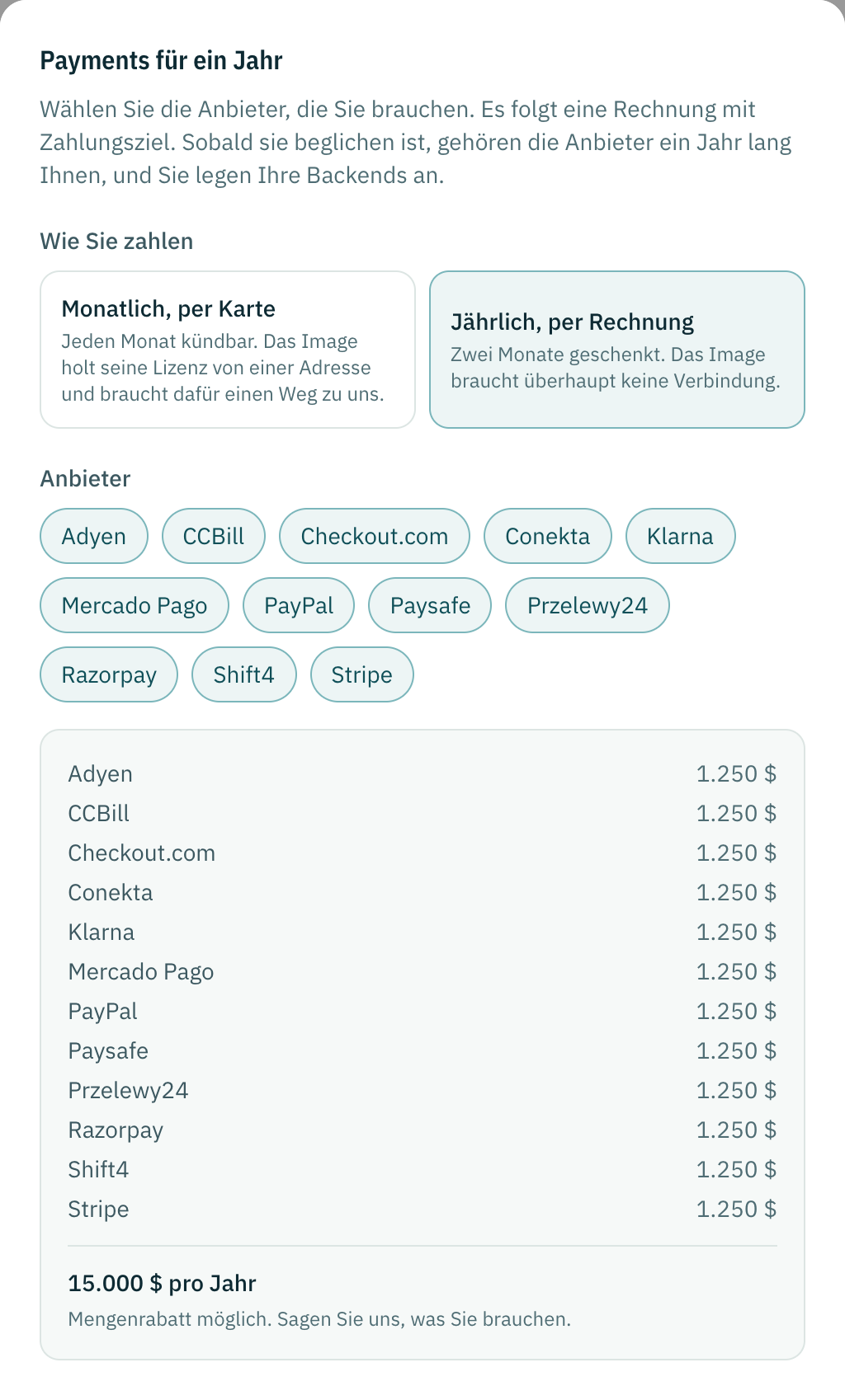 Der Bestelldialog für Zahlungen: jährlich auf Rechnung gewählt, alle Anbieter ausgewählt, der Preis je Anbieter und für das Jahr sowie die Rechnungsdaten.