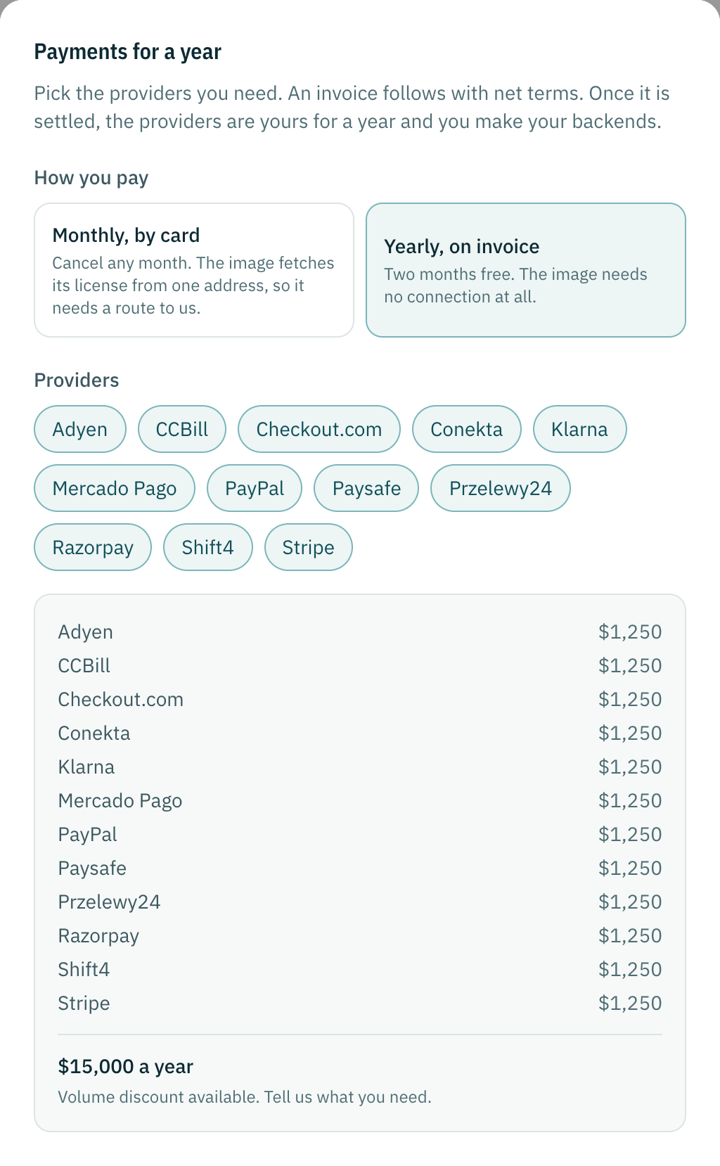 The order dialog for Payments: yearly on invoice picked, every provider selected, the price per provider and for the year, and the invoice details.