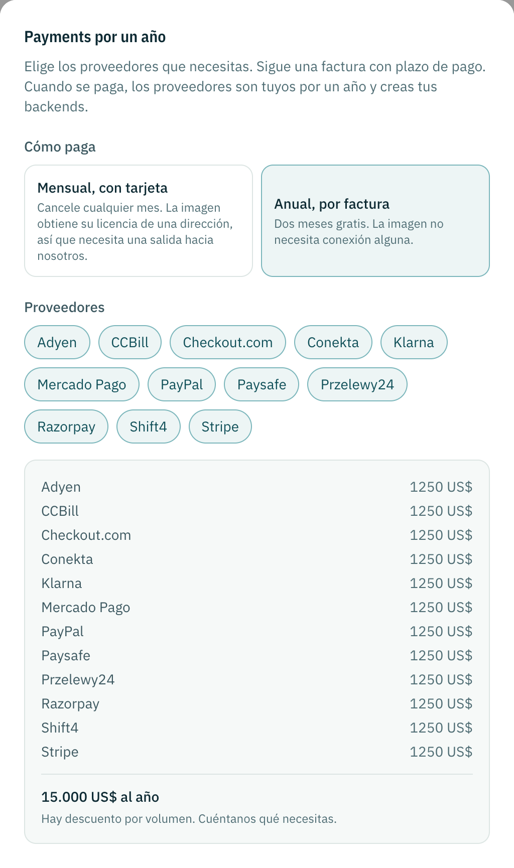 El diálogo de pedido de Pagos: por año con factura elegido, todos los proveedores seleccionados, el precio por proveedor y por año, y los datos de facturación.
