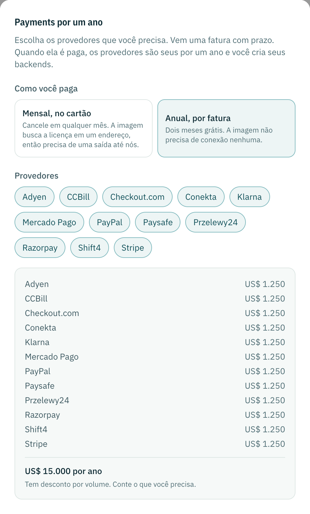 O diálogo de pedido de Pagamentos: por ano com fatura escolhido, todos os provedores selecionados, o preço por provedor e por ano, e os dados de faturamento.