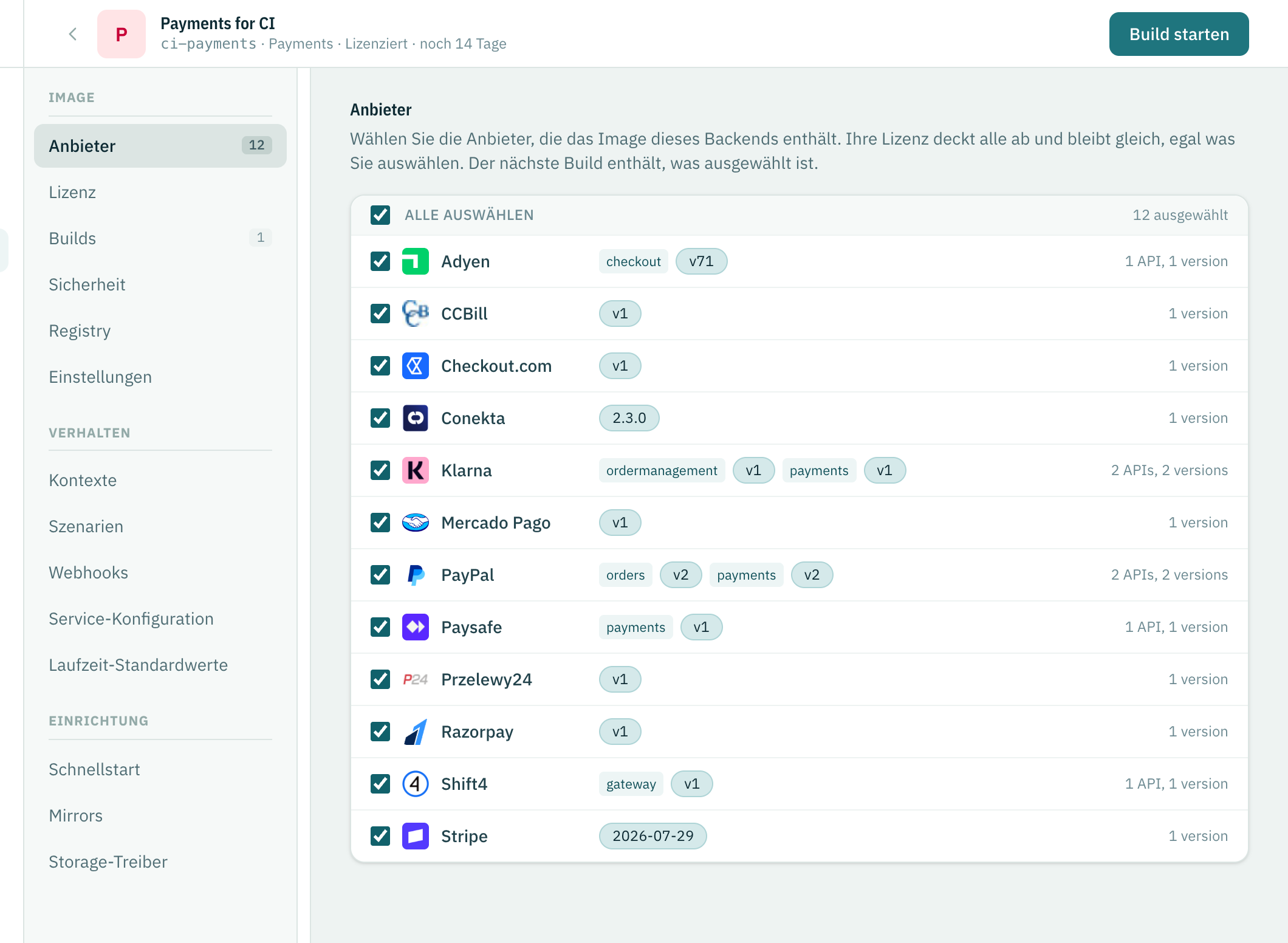 Die Seite eines Self-hosted-Backends: oben Name, Image-Name und Testlizenz, links die Bereiche Image, Verhalten und Einrichtung, dazu seine Anbieter.