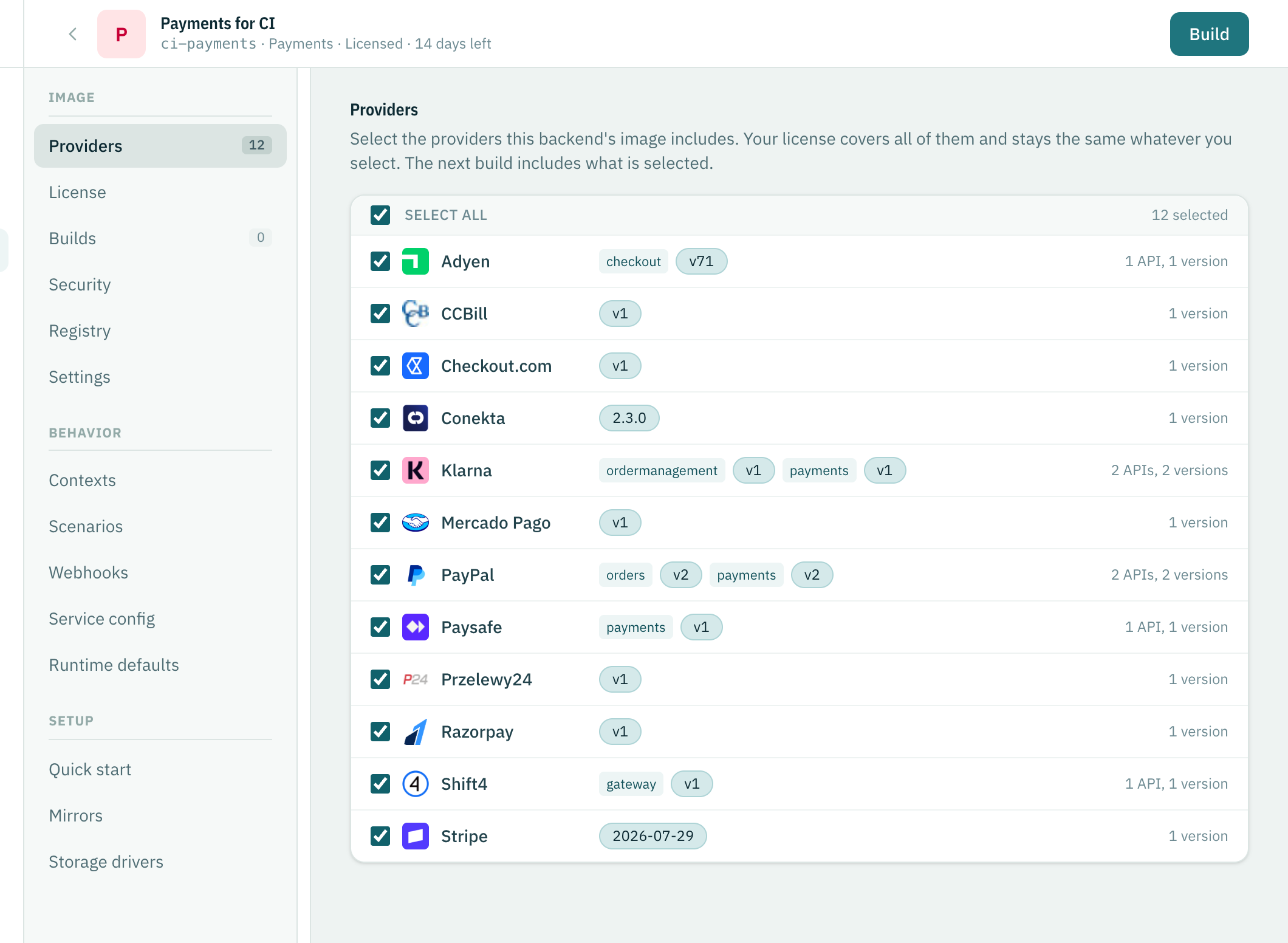 A self-hosted backend's page: its name, image name and trial license at the top, the Image, Behavior and Setup sections on the left, and its Providers.