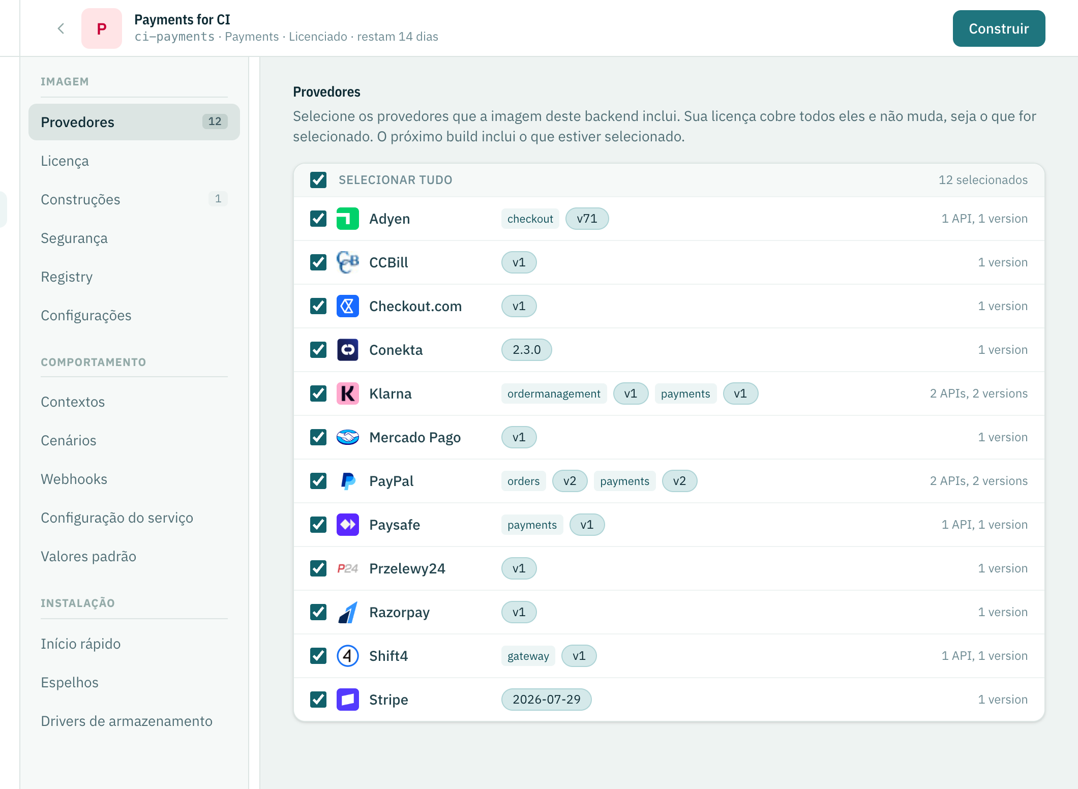 A página de um backend self-hosted: em cima o nome, o nome da imagem e a licença de teste, à esquerda as seções Imagem, Comportamento e Instalação, e os Provedores dele.