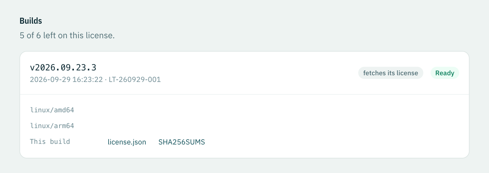 The Builds page of the self-hosted backend Payments for CI: one version, Ready, built for linux/amd64 and linux/arm64, marked as fetching its license.