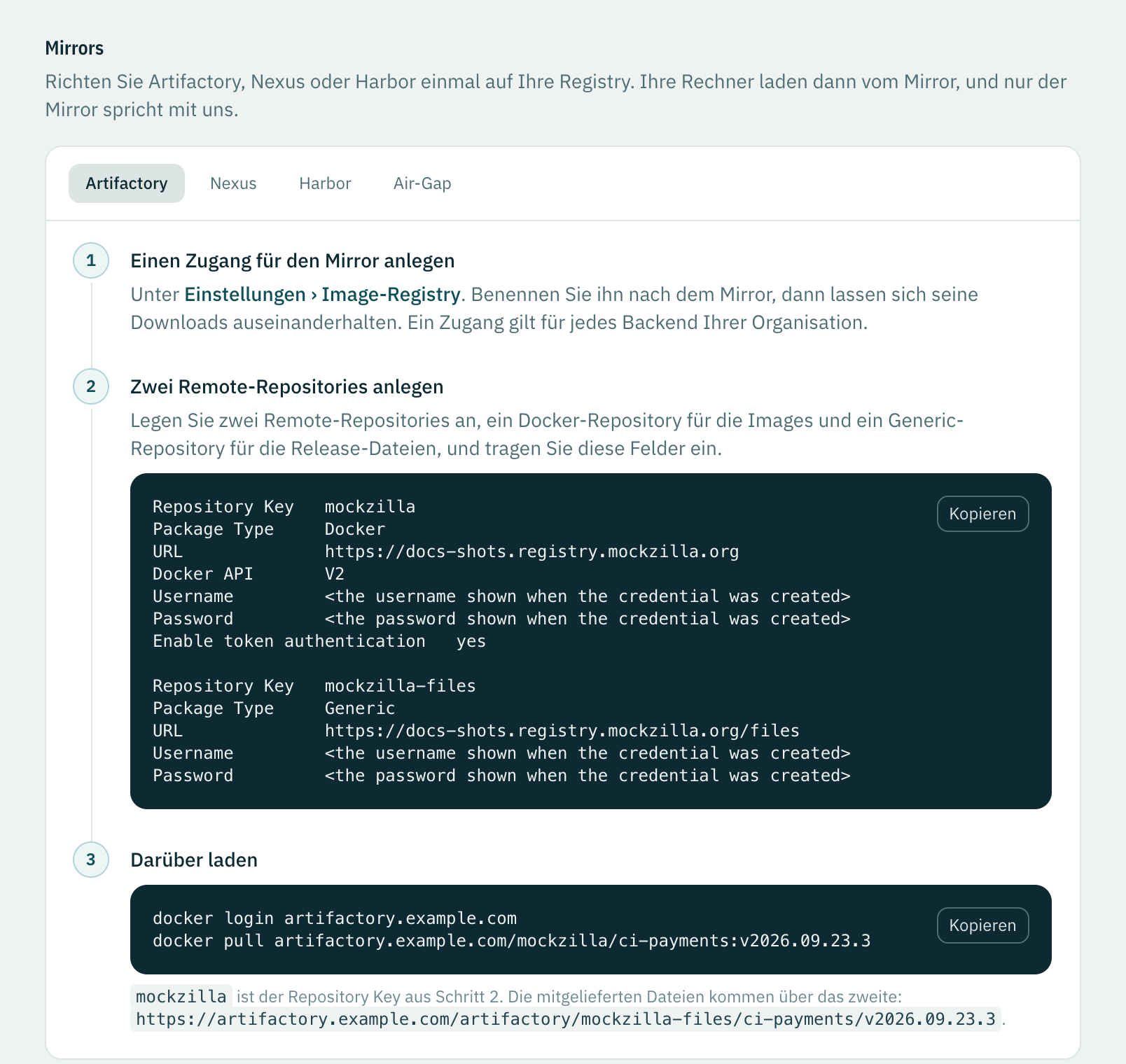 Die Seite Mirrors: Tabs für Artifactory, Nexus, Harbor und Air-Gap, und die Schritte für Artifactory mit eingetragener Registry.