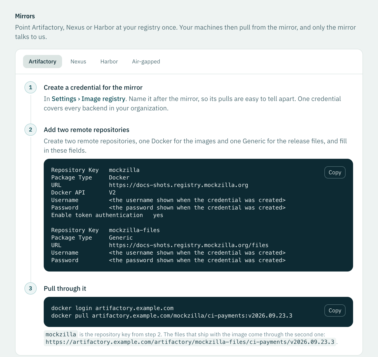 The Mirrors page: tabs for Artifactory, Nexus, Harbor and Air-gapped, and the Artifactory steps with the registry filled in.