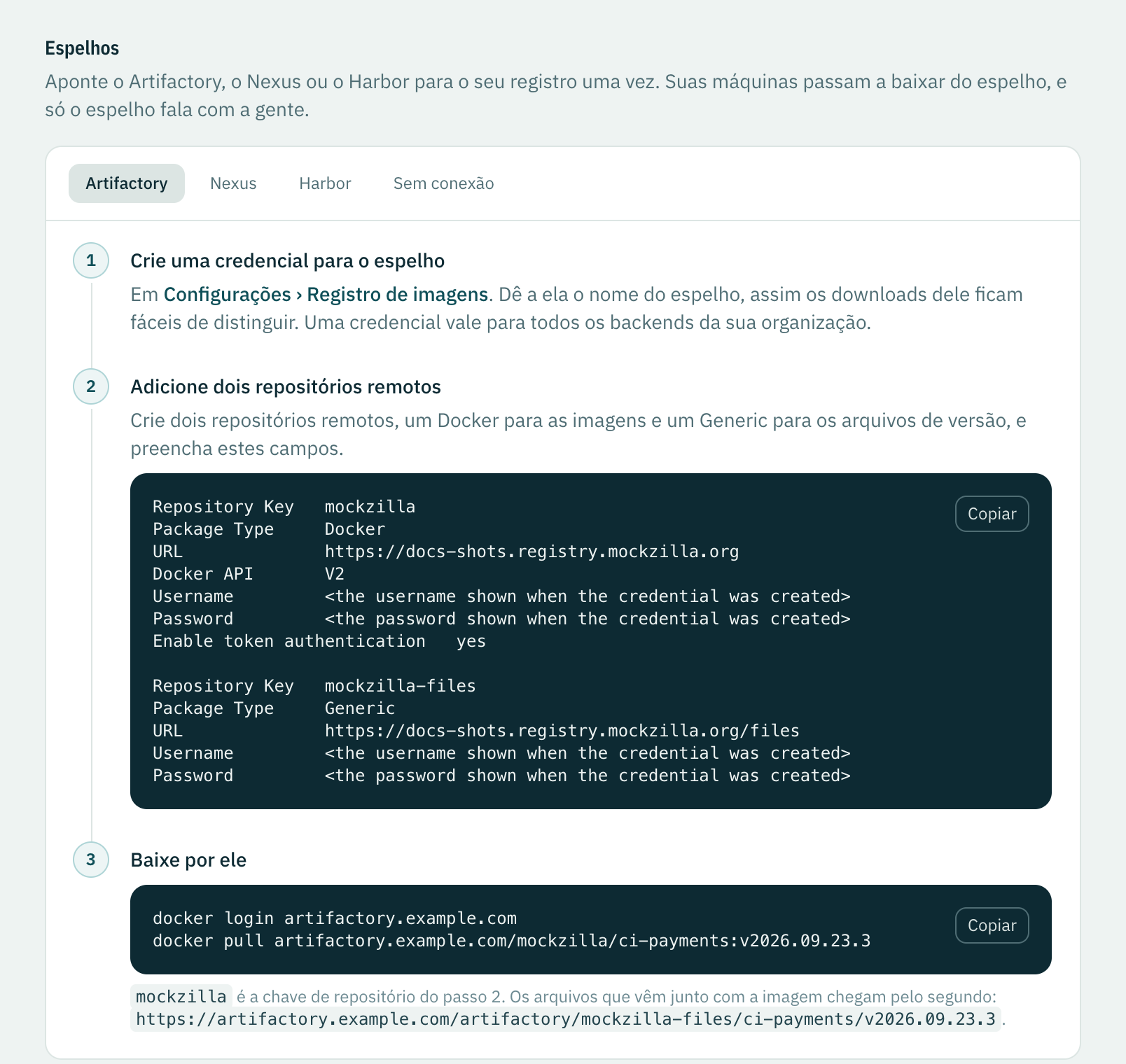 A página Espelhos: abas para Artifactory, Nexus, Harbor e Sem conexão, e os passos do Artifactory com o registro já preenchido.