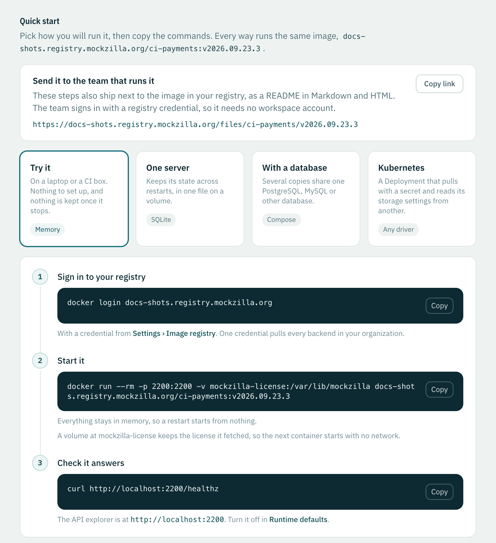 The Quick start page: Try it, One server, With a database and Kubernetes, and the commands to sign in, start the image and check it answers.