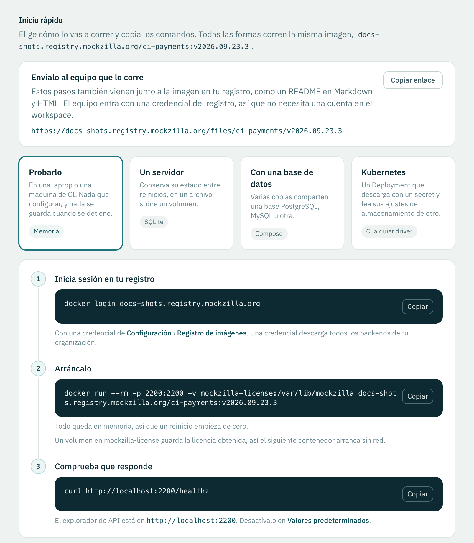 La página Inicio rápido: cuatro formas de correr la imagen y los comandos para iniciar sesión, arrancarla y comprobar que responde.
