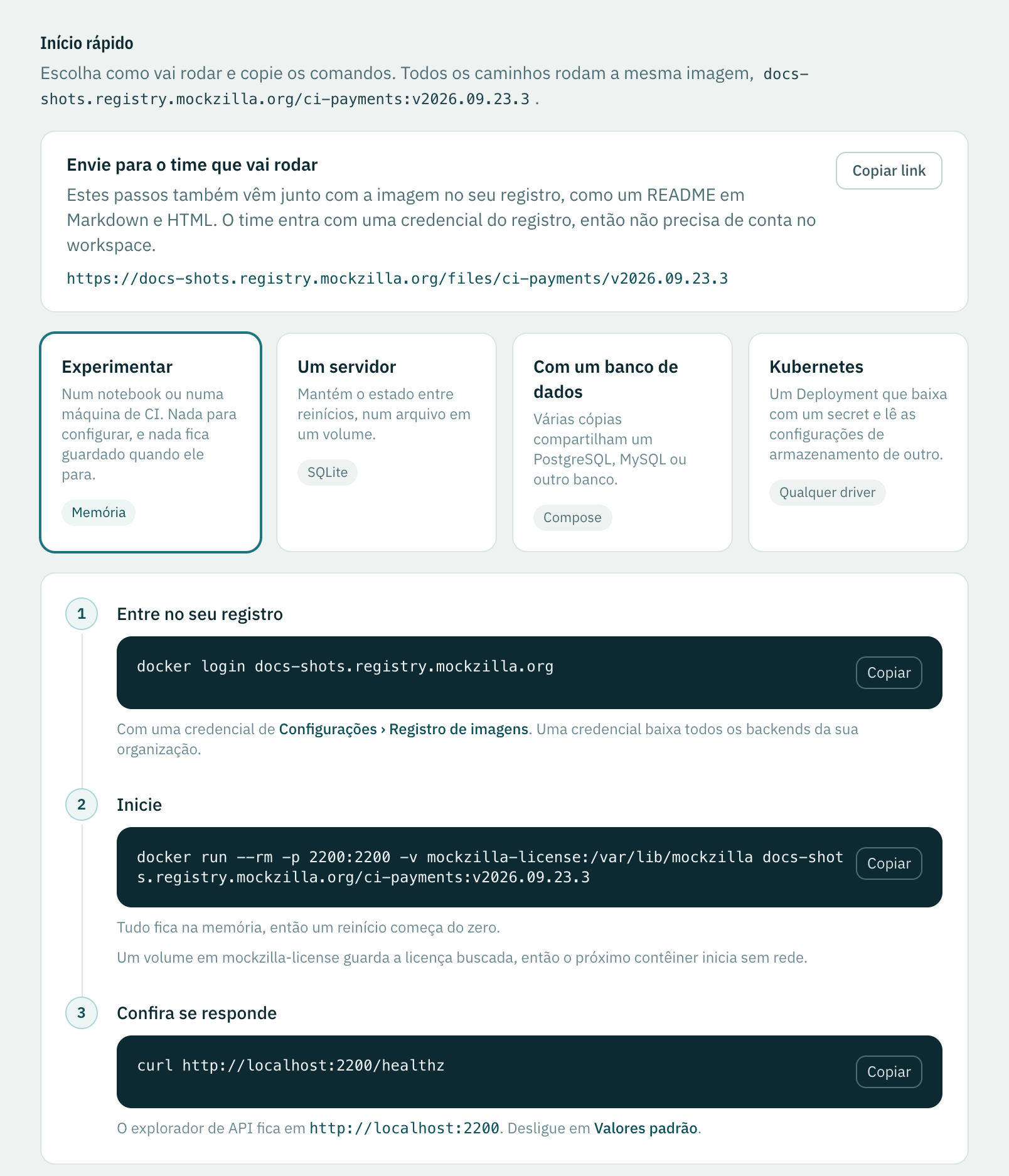 A página Início rápido: quatro jeitos de rodar a imagem e os comandos para entrar, iniciar a imagem e conferir se ela responde.