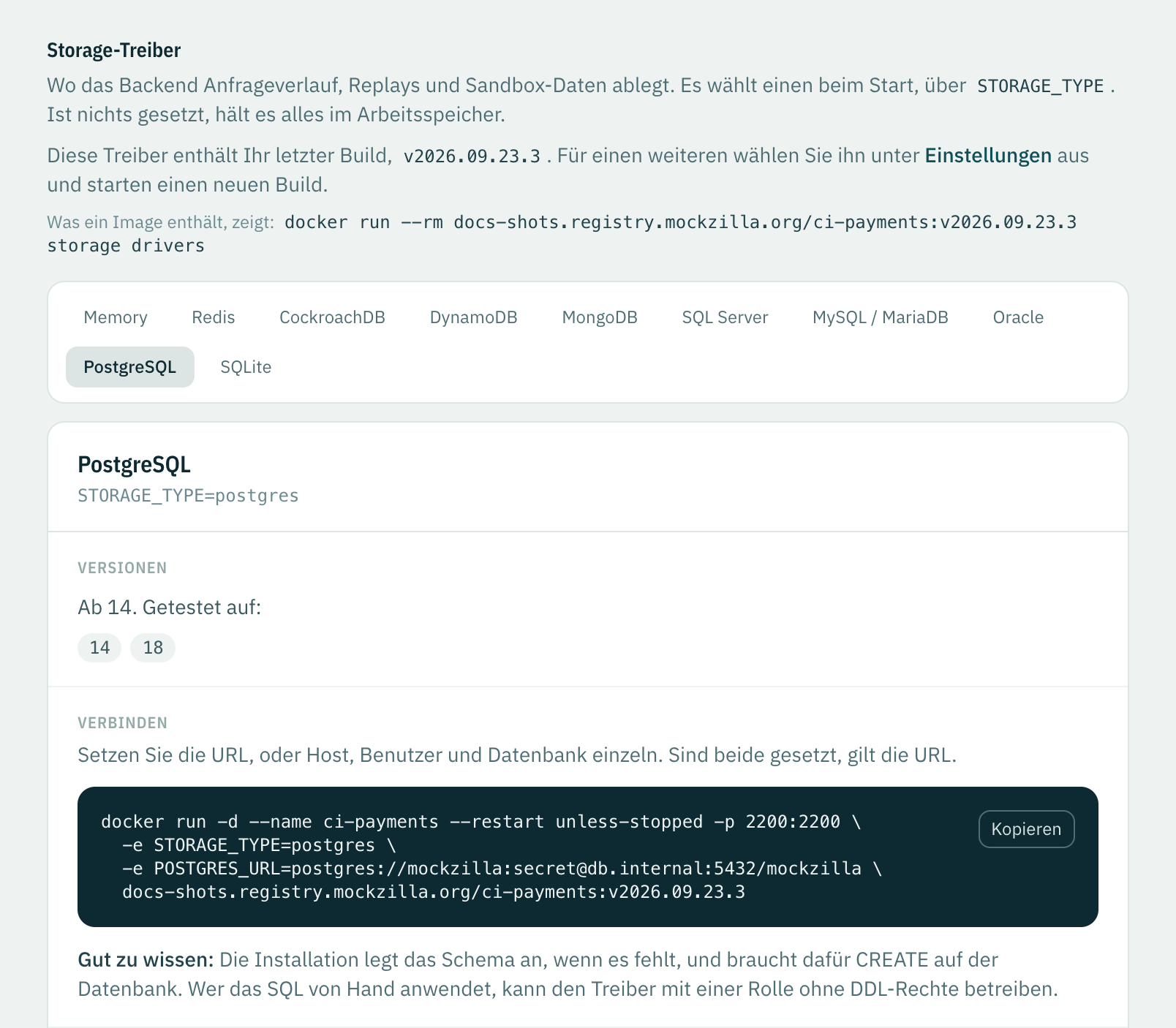 Die Seite Storage-Treiber mit PostgreSQL: die getesteten Versionen und ein docker run, der sich damit verbindet.