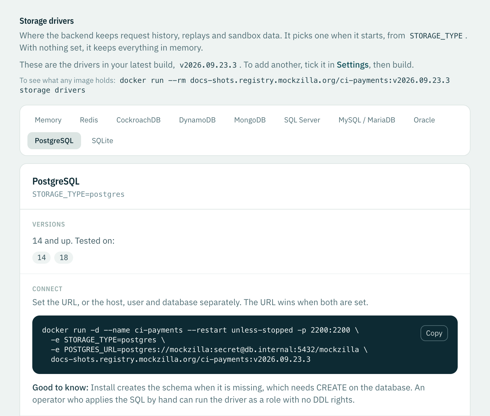 The Storage drivers page with PostgreSQL chosen: the versions it was tested on, and a docker run that connects to it.