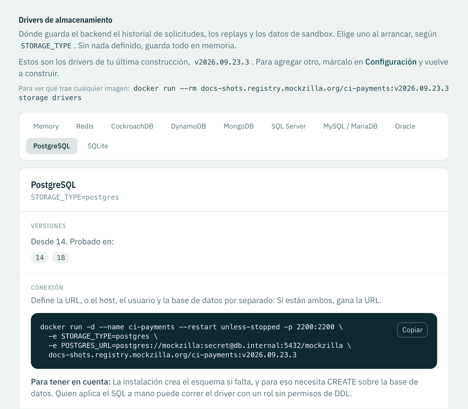 La página Drivers de almacenamiento con PostgreSQL elegido: las versiones en las que se probó y un docker run que se conecta a él.