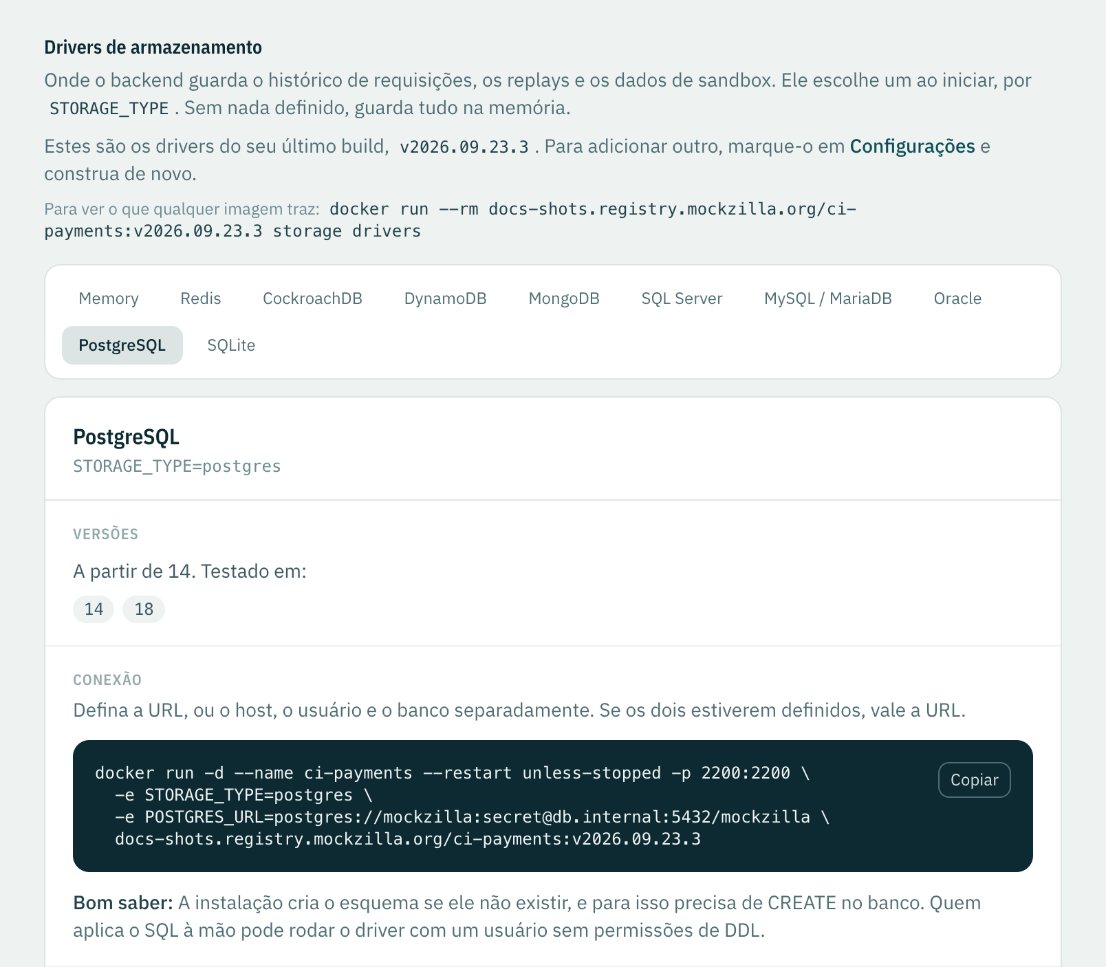 A página Drivers de armazenamento com PostgreSQL escolhido: as versões em que ele foi testado e um docker run que se conecta a ele.