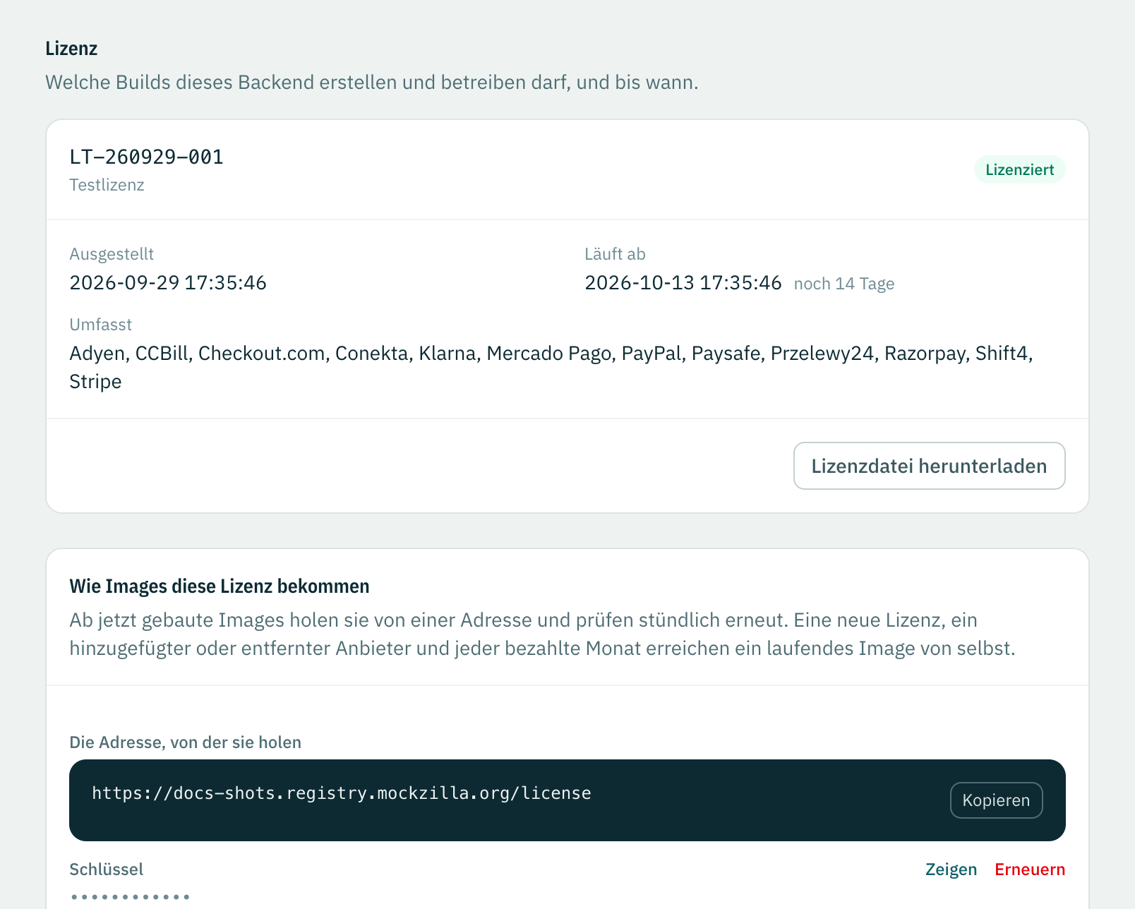Die Seite Lizenz des Self-hosted-Backends Payments for CI: eine Testlizenz, ihre Daten, die Anbieter, die sie abdeckt, und die Adresse und der Schlüssel, mit denen Images sie holen.