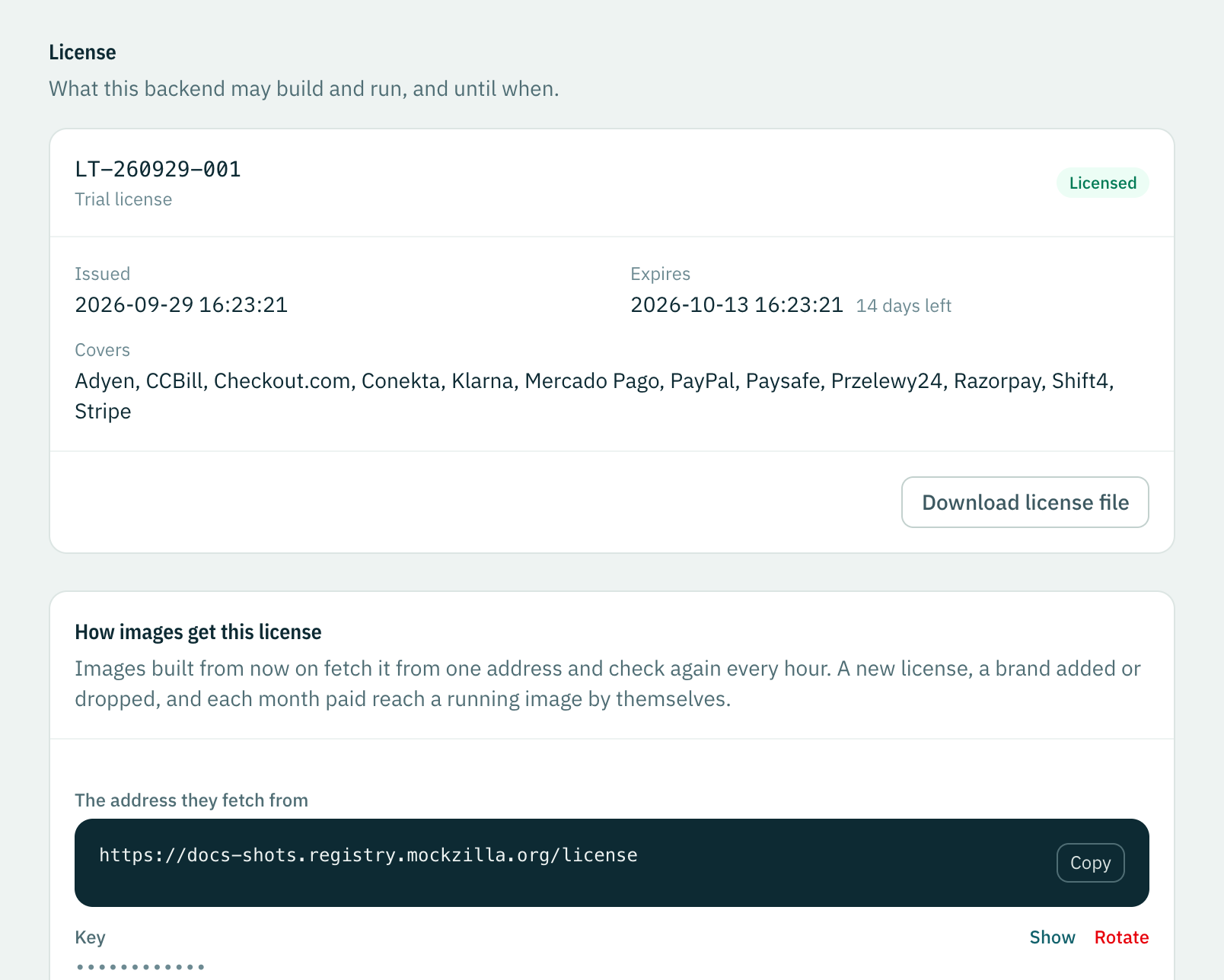 The License page of the self-hosted backend Payments for CI: a trial license, its dates, the providers it covers, and the address and key its images fetch it with.