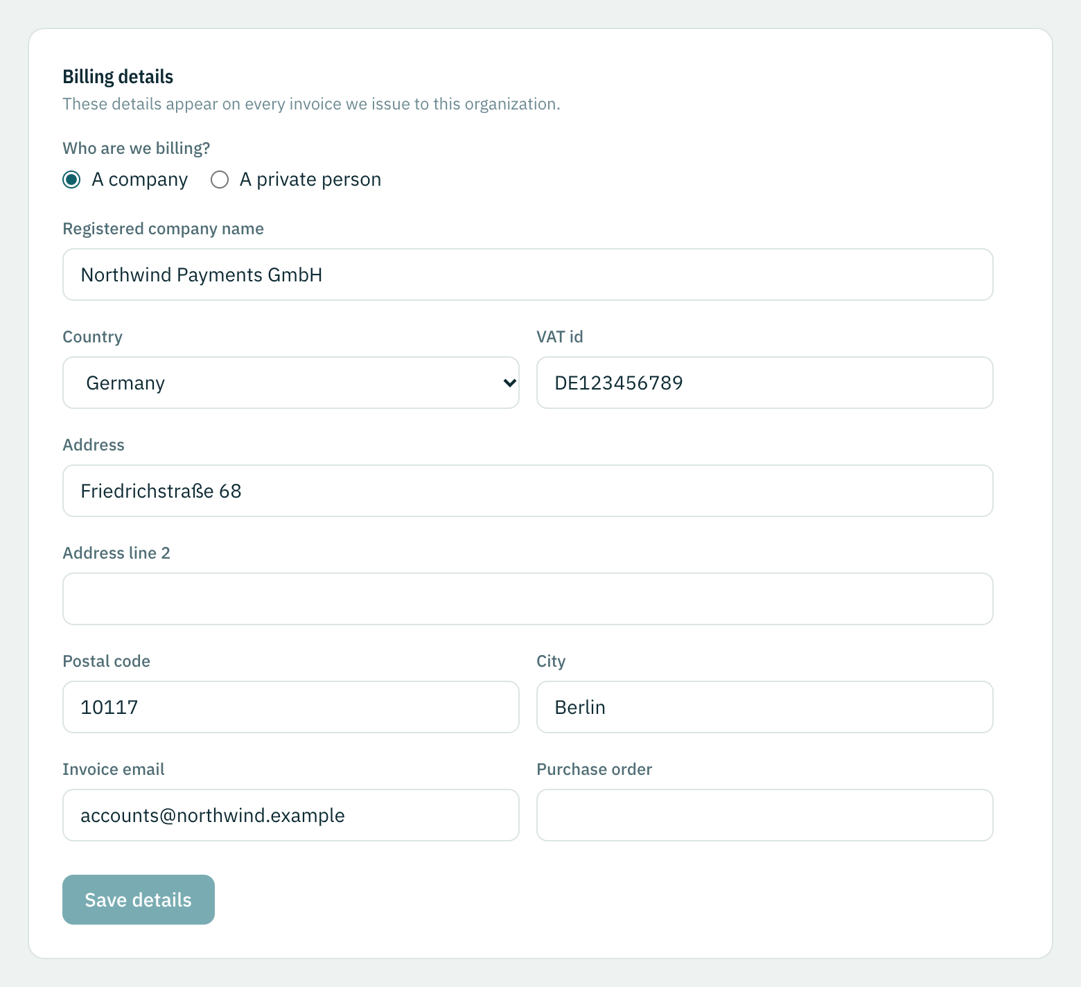 The Billing details form, filled in for a company in Germany: its registered name, country, VAT id, address and invoice email, with no purchase order.